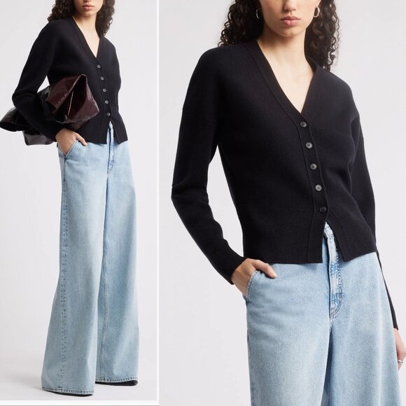 NORDSTROM Wool Cashmere V-Neck Cardigan Sweater Size S Black NEW $169 - Picture 1 of 10